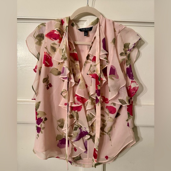 Lauren Ralph Lauren Tops - Lauren Ralph Lauren Pink Ruffle Tie Neck Blouse M Floral Chiffon Top